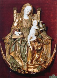Madonna ja lapsi istuu puolikuun yläpuolella, n. 1510 (monivärinen puu)